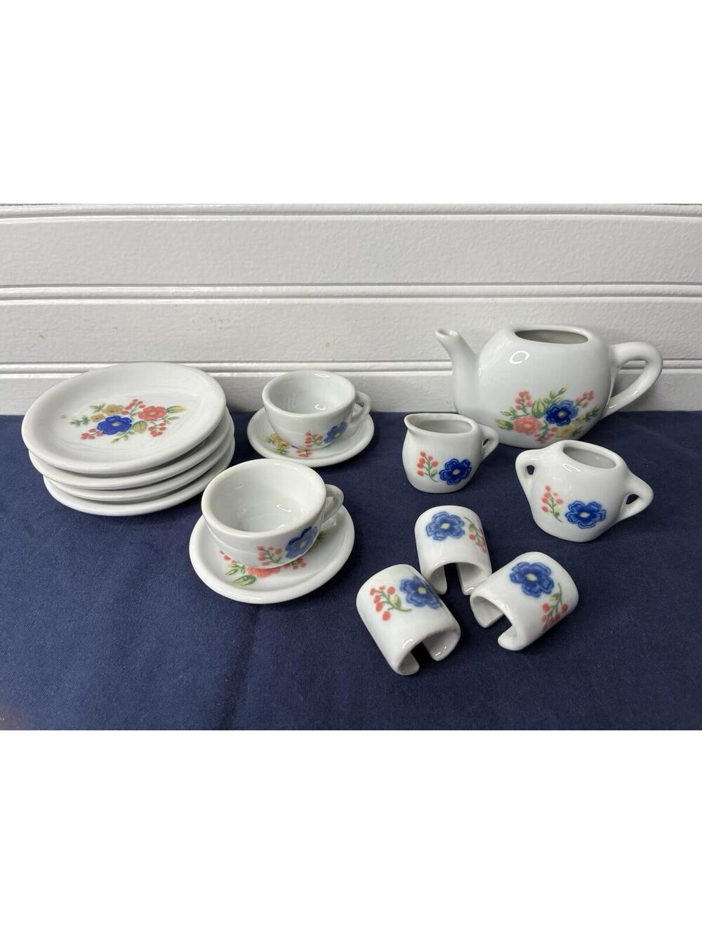 Vintage Miniature Toy 12-Piece Tea Set - Pink and Blue Flowers